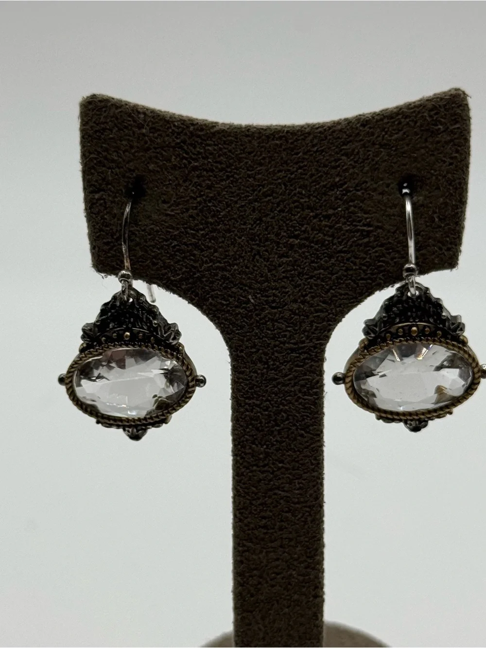 Crystal glass Drop Dangle Earrings in Clear and Antique Silver